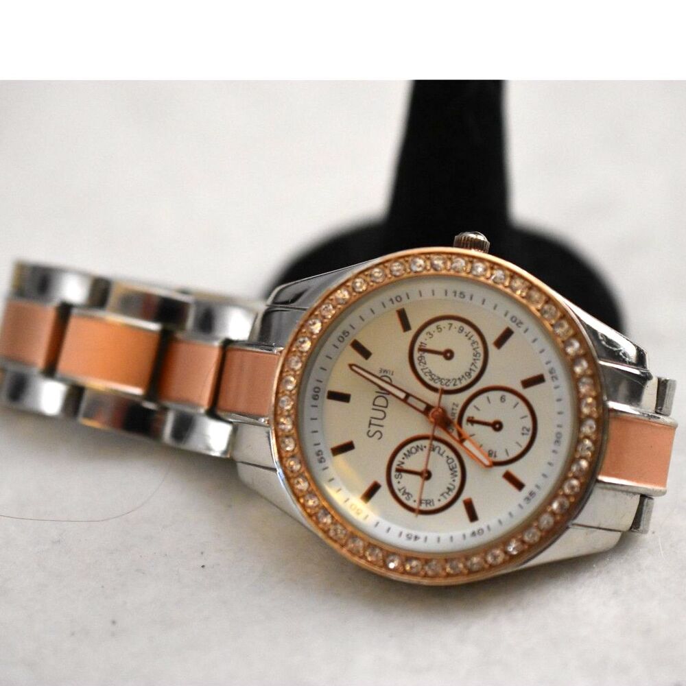 Studio Stunning Rose/Silver Tone Link Band Rhinestone Accent New Battery Watch